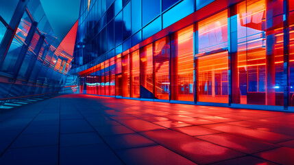Poster - bright neon lighting in a narrow corridor between glass buildings. blue and red neon light outdoors.