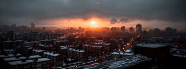 Wall Mural -  The sun sets over a cityscape, filled with numerous buildings in the foreground and heavy snowfall on the ground