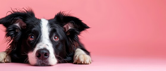 Wall Mural -  A black-and-white dog rests atop a pink floor, its head lowered, touching the surface