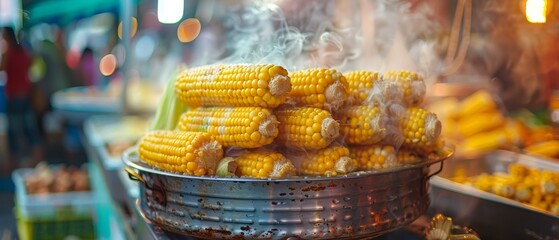 Wall Mural -  A metal bowl holds corn on the cob, releasing steam from their tops