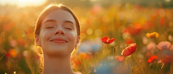 Sticker -  A young girl stands with eyes closed in a field of flowers