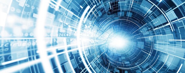Poster - Futuristic Blue Circuitry Tunnel Leading to Glowing White Center