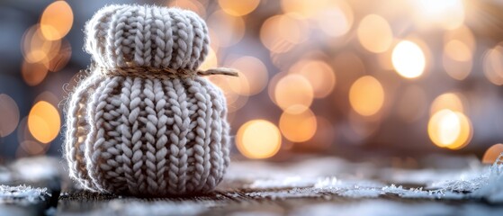 Canvas Print -  A knitted snowman ornament sits on a table before a book of Christmas lights