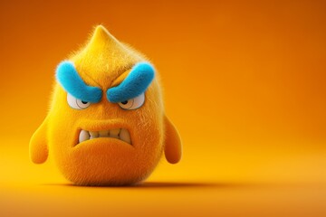 Cute fluffy cartoon character with a grumpy expression on yellow background, copy space for text