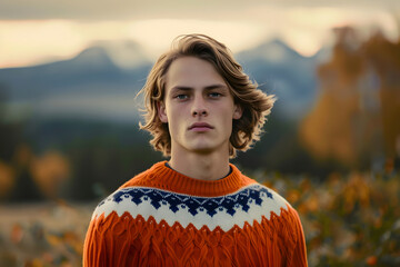 Wall Mural - young man with bright sweater looking serious in the outdoors