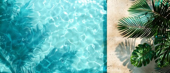 Wall Mural -  A palm tree by a blue swimming pool..Or:..Blue swimming pool adjacent to a palm tree