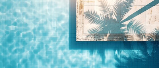 Wall Mural -  A palms tree shadow graces a tiled wall by a blue swimming pool, another tree's shadow echoes alongside