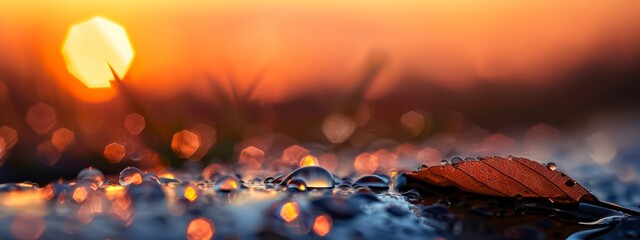 Wall Mural -  A tight shot of a wet leaf on the ground, with water droplets forming around it Sun glows behind, casting long shadows