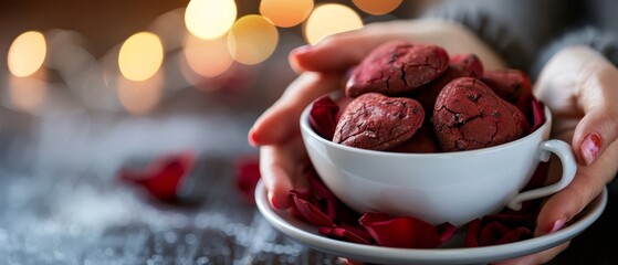 Poster -  A person closely holds a red velvet cookie bowl before a backdrop of twinkling string lights