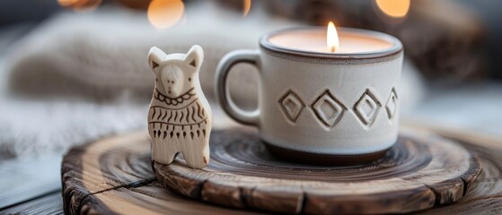 Poster -  A white cup sits atop a wooden table Nearby stands a small figurine of an owl A lit candle completes the scene