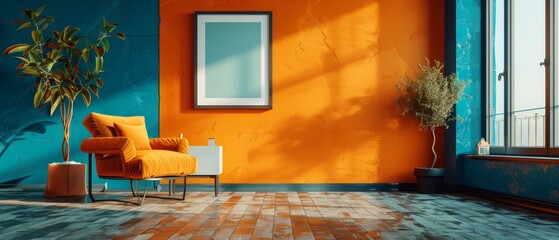 Poster -  A room features a yellow chair against a blue wall In the corner, a potted plant is present