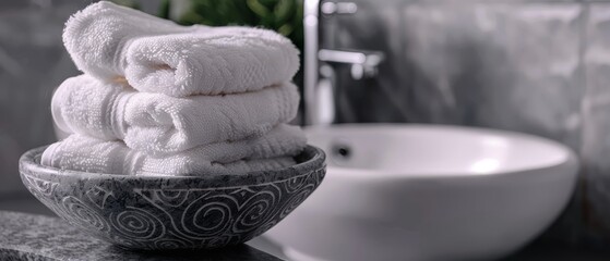 Poster -  A bowl holds a stack of white towels on the bathroom counter, near the sink