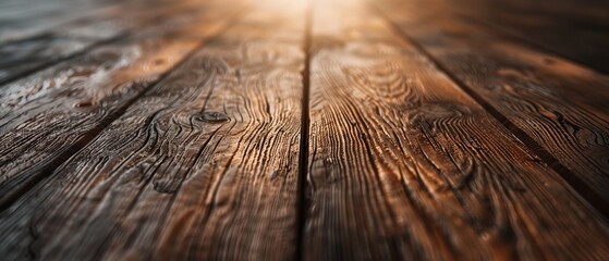 Wall Mural -  A tight shot of a weathered wooden table Sun rays filter in at the edge Background softly blurred