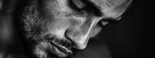 Wall Mural -  A black-and-white image of a man with tearful eyes