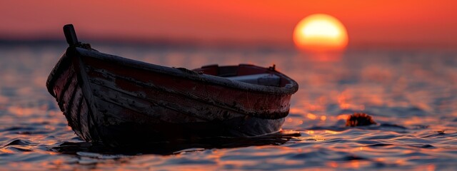 Wall Mural -  A small boat in a tranquil body of water during sunset, as the sun descends behind it