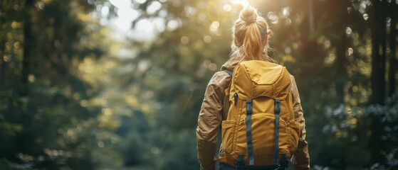 Wall Mural -  A woman traverses the woods, carrying a yellow backpack Sunlight filters through tree branches behind her