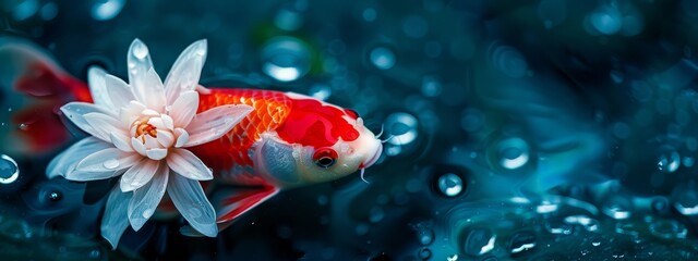 Sticker -  A red-and-white koi fish holds a white lotus bloom in its mouth, surrounded by sparkling water droplets