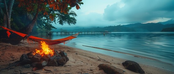 Wall Mural -  A hammock on a sandy beach beside a fire, not in the middle of the ocean