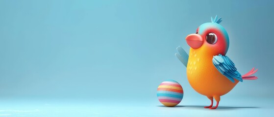 Poster -  A vibrant bird alongside an Easter egg against a blue backdrop, featuring a blue sky background