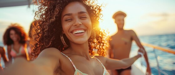 Wall Mural -  A lovely young woman atop a sunlit boat, facing a joyful crowd on the shore