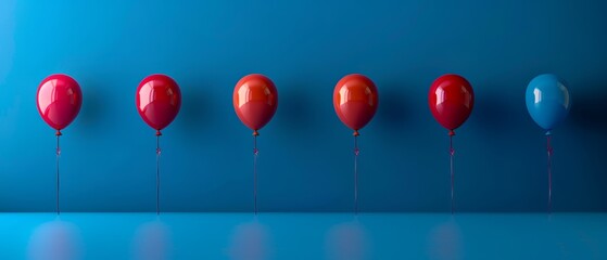 Poster -  A line of red and blue balloons against a blue surface, backed by a blue background