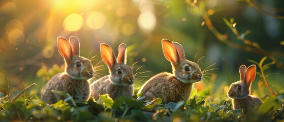 Wall Mural -  Three rabbits sit together on a verdant field, surrounded by trees in the background