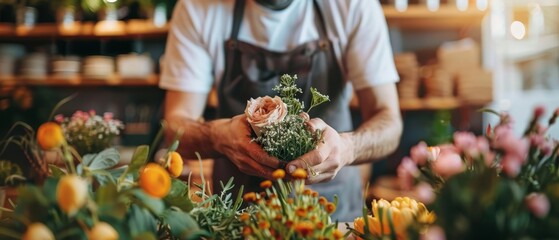 Wall Mural -  A man holds flowers - orange and pink bundles - before an array of similar hues in a florist's setting