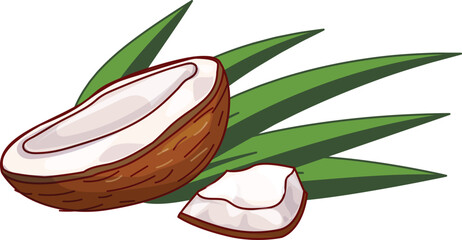 Poster - Coconut illustration showing the inside of the fruit lying on palm leaves