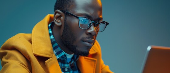 Canvas Print -  A man in glasses and a yellow jacket examines a laptop screen, his attire consisting of a blue and white checked shirt