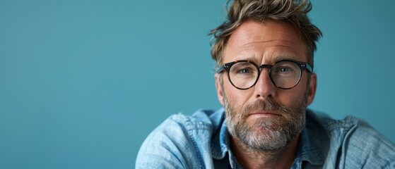 Poster -  Man with beard and glasses, seriously gazes into camera against blue backdrop