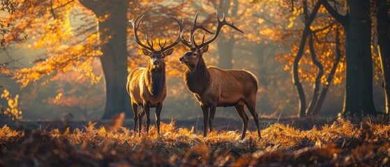 Wall Mural -  Two deer adjacent, forest of amber and gold leaves under sunlight