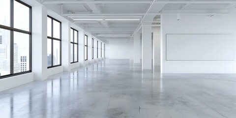 Wall Mural - Modern industrial open office with white walls and concrete floor in corner. Concept Modern Office Design, Industrial Style, White Walls, Concrete Flooring, Corner Workspace