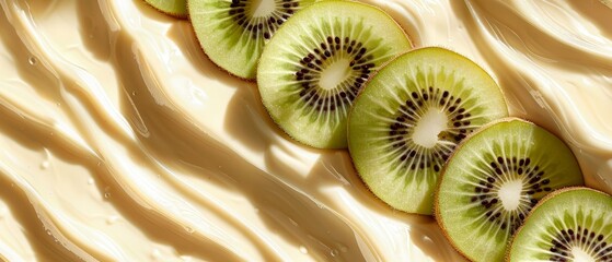 Poster -  A kiwi, sliced, sits atop a table Nearby, a cup of milk and a yogurt container rest