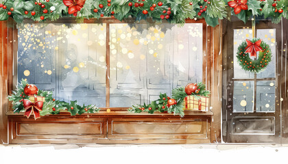 Poster - A window with a Christmas tree and a red present in front of it