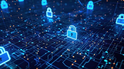 cybersecurity network with blue padlocks