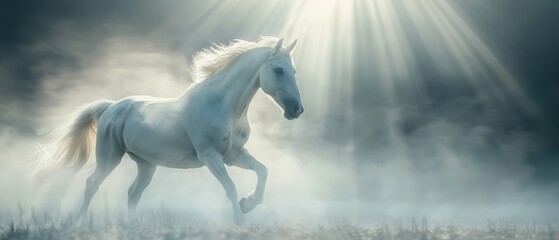 Wall Mural -  A white horse gallops through a foggy field with the sun shining on its back