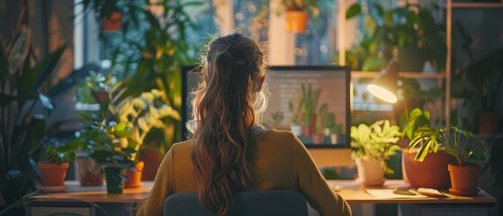 Canvas Print -  A woman sits in a chair, facing a desk with a computer Behind her are potted plants