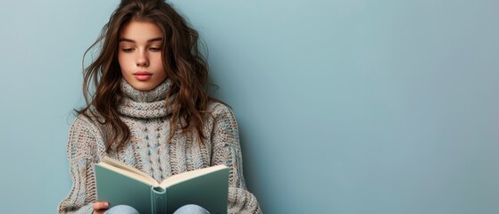 Wall Mural -  A young woman sits on the floor, engrossed in a book with closed eyes Her long hair billows gently in the wind