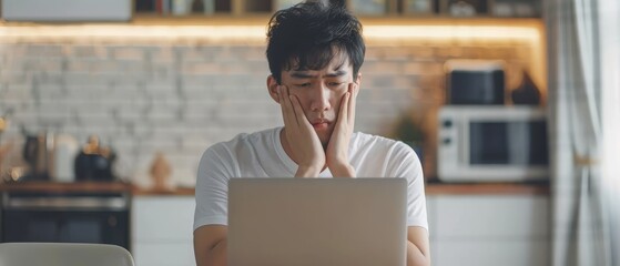 Canvas Print -  A man, fingers steepled in front of his face, contemplates the computer screen before him