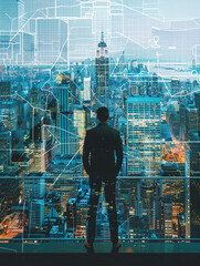 City Planner Overlooking Urban Skyline with Holographic Projections Representing City Planning Data and Architectural Designs in a Futuristic High-Tech Environment