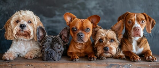 Wall Mural -  A collection of dogs seated together on a wooden table, facing a black backdrop