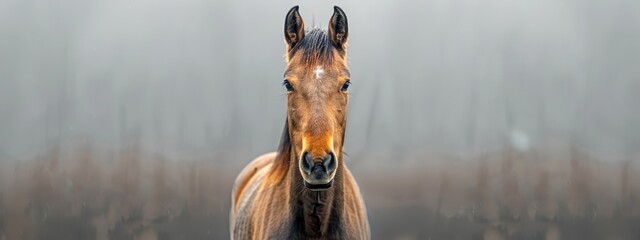 Wall Mural -  A brown horse stands before a forest of tall grass and trees on a foggy, mist-shrouded day