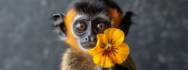  A tight shot of a monkey clasping a flower within its mouth while exhibiting a stunned expression toward the camera