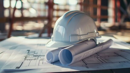 A white hard hat placed over a construction layout with rolled blueprints signifies planning and safety in engineering and architectural projects in a blurred construction background.