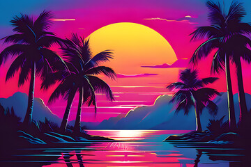 Wall Mural - A vibrant blend of retro and tropical aesthetics. Palm trees sway against a neon-hued sky, evoking a sense of escapism and nostalgia. This background captures the essence of a vintage vacation dream.