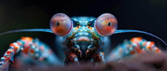 Wall Mural -  A tight shot of a blue and orange insect's eyes and bodym with long, slender legs