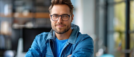 Wall Mural -  A man in glasses smiles at the camera, arms crossed, seated at a table