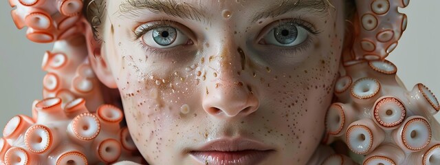 Wall Mural -  A tight shot of a woman's freckled face, focusing on the area around her eyes