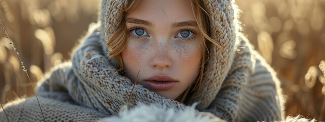 Wall Mural -  A woman with freckled hair and blue eyes is swathed in a blanket amidst a field of tall grass