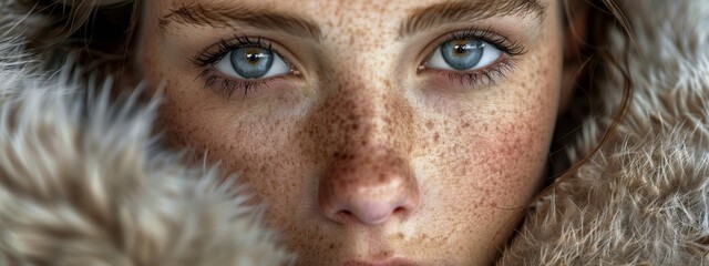 Wall Mural -  A tight shot of a woman's face with freckles around her shoulders, framing her blue eyes